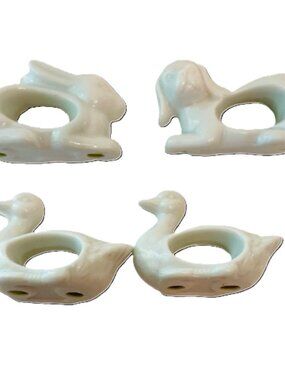 Vintage Napkin Holder Rings White Porcelain Animal Set of 4 with Box 1984
